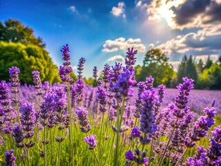Lush green foliage cradles blooming lavender flowers under the radiant sun, creating a peaceful atmosphere that showcases the exquisite beauty of nature's palette.