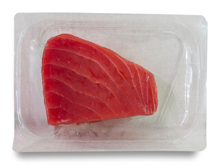 Slice of raw tuna in a sous vide vacuum-packed package isolated © framarzo