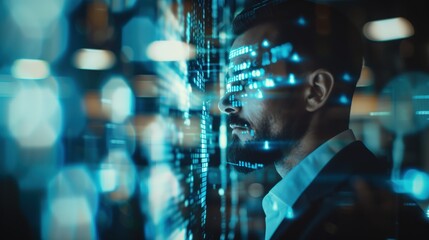 A futuristic scene with a man surrounded by digital overlay and glowing blue lights, symbolizing technology.