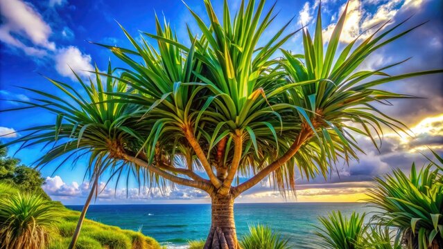 Lush pandanus tree features a distinctive leaf structure, framed by a vibrant tropical backdrop, creating a stunning natural setting that radiates beauty and lushness.