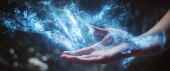 Fototapeta premium Mystical blue energy swirling above human hand