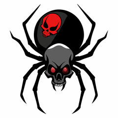 A black widow spider crawling on a skull silhouette vector illustration on white background