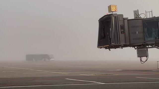 Foggy morning at Riga Airport with a specialized bus and jet bridge visible on the runway, filmed from inside the terminal through a window, highlighting the misty atmosphere &ndash; static shot