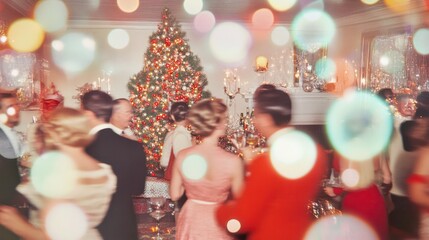 Retro Christmas party scene with elegantly dressed adults in a 1960s styled living room decorated with a colorful Christmas tree.