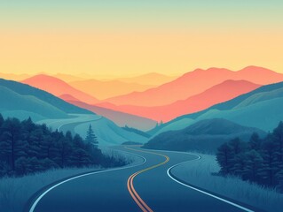Curved road through scenic mountains during sunset with vibrant colors.