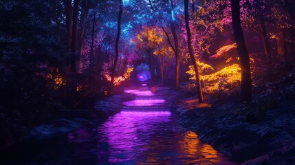A vibrant forest scene with a glowing river at twilight.