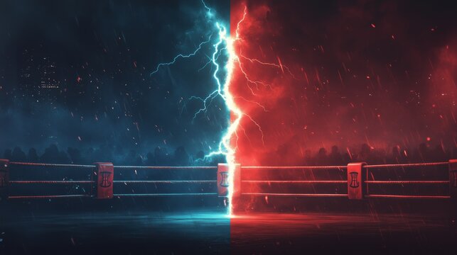 Boxing Versus, competition, a battle background of boxing ring with red glowing lightning bolt cracks, Generative Ai