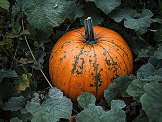 pumpkin surrounded by garden foliage