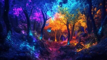 A vibrant, enchanted forest with colorful foliage and glowing elements.