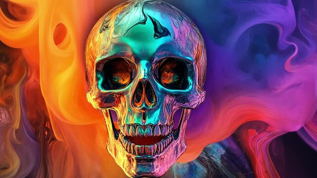 Skull covered in billowing smoke, halloween scary skull, abstract, colorful, scary, cool, dark background, footage, 4k footage, videos, video clip, slow motion, video wallpaper, animation, 4k