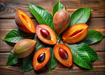 Mamey fruit sits gracefully on a wooden table, complemented by lush green leaves. The vibrant colors pop against a stunning natural background texture, creating an inviting scene.