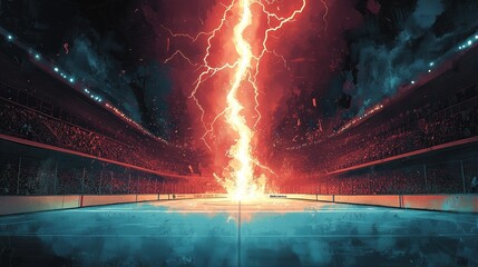 Versus, competition, battle an ice hockey rink. with a glowing lightning bolt, Generative Ai