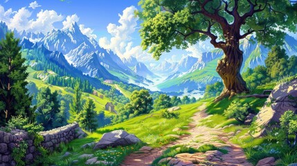 Obraz premium A Scenic Path Through Lush Green Valley Surrounded by Majestic Mountains