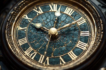 Close-up of an antique clock face with ornate details.