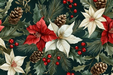 Christmas watercolor illustration, seamless botanical pattern of red and white flowers, green leaves, holly , pines and red berries on  dark green background, for printing on fabric or wrapping paper