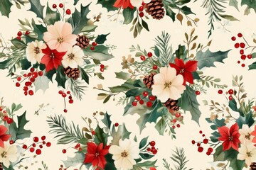 Christmas watercolor illustration, seamless botanical pattern of red and white flowers, green leaves, holly and red berries on white background, for printing on fabric or wrapping paper