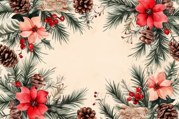 Fototapeta premium New Year or Christmas background frame of fir branches, cones and berries on a beige background, space for text, for invitations or banners
