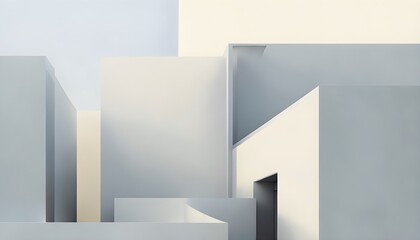 minimalist architectural composition of modern buildings, with clean angles, rendered in geometric forms and soft hues of grey, cream, and light blue