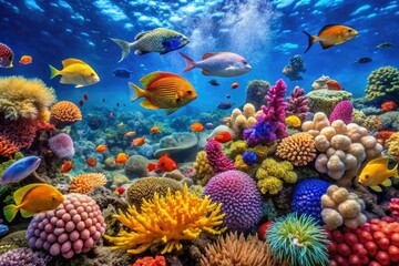 Fototapeta premium Captivating underwater landscape filled with vibrant coral reefs, a variety of colorful fish, and diverse marine ecosystems, showcasing the rich beauty of ocean life.
