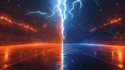 A versus, competition, battle of basketball court and a glowing lightning bolt, Generative Ai