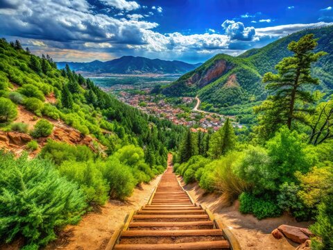 Nestled in Manitou Springs, Colorado, the Manitou Incline Trail offers a spectacular view, framed by lush greenery, inviting nature enthusiasts to explore and rejuvenate.