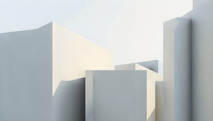 minimalist architectural composition of modern buildings, with clean angles, rendered in geometric forms and soft hues of grey, cream, and light blue