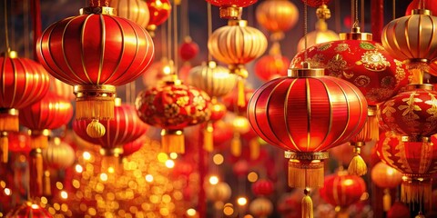 Fototapeta premium Celebrate Chinese New Year 2024 with a vibrant backdrop featuring red lanterns, golden elements, and colorful decorations, radiating joy and prosperity throughout the festivities.