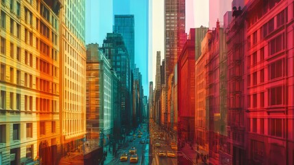 Obraz premium Vibrant cityscape with colorful overlays showcasing urban life.