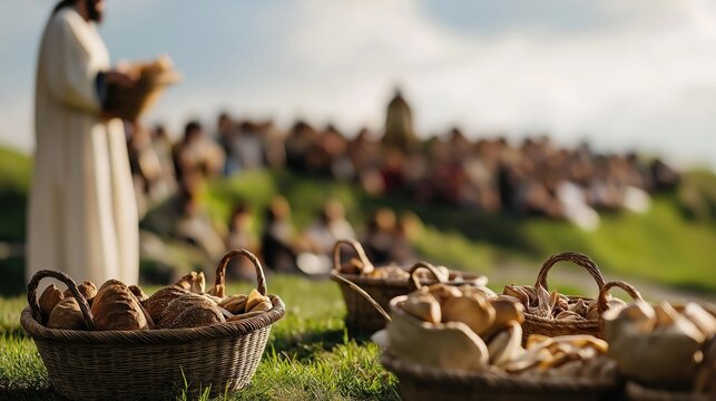 Jesus feeding five thousand with baskets of bread and fish multiplying crowd sits on grassy hillside
