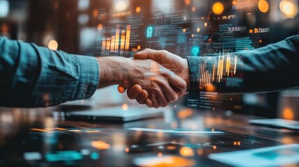 Close-up handshake with digital data overlay effect