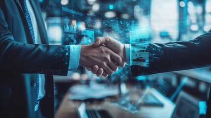 Close-up handshake with digital data overlay effect