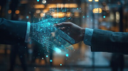 Human hand shaking a virtual digital hand in cyberspace