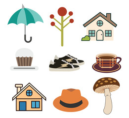 Autumn Thanksgiving vector sticker set with pumpkins, leaves, fruits, boots, cottage, and harvest.