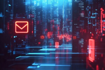 Fototapeta premium An email icon protected by multiple layers of shields and digital locks, with a hacker attempting to breach it in the distance but blocked by a strong encryption wall