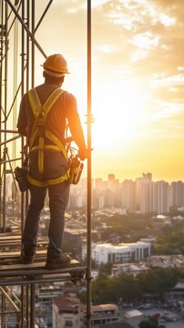 A South American construction worker stands on scaffolding, overlooking a city skyline during sunset, highlighting teamwork in the construction industry