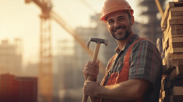 A construction worker stands confidently with a hammer, smiling as the sun sets behind him. The busy site reflects the hard work of a diverse team in the industry