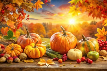 Naklejka premium Celebrate Thanksgiving with a delightful PNG design showcasing autumn leaves, pumpkins, and a warm color palette that embodies the spirit of gratitude and joyous gatherings.