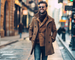 Obraz premium Stylish Man Walking in the City Wearing Fashionable Winter Coat and Sunglasses