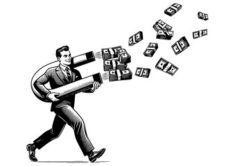 businessman with large magnet attract money cash, wealth and financial success sketch engraving generative ai fictional character PNG illustration. Scratch board imitation. Black and white image.