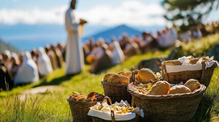 Jesus feeding five thousand with baskets of bread and fish multiplying crowd sits on grassy hillside