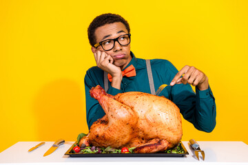 Photo of upset guy touch fork thanksgiving day turkey look empty space isolated bright color...