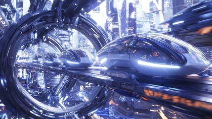 Fototapeta premium Futuristic Transport System with Autonomous Vehicles in Urban Setting - Ray Tracing 3D Illustration