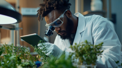 A Black scientist uses a microscope to study plants in a lab.  He's researching biodiversity to help agriculture grow. He uses a tablet to record his findings and plans for the future.