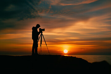 Silhouette of man standing beside camera tripod during sunset