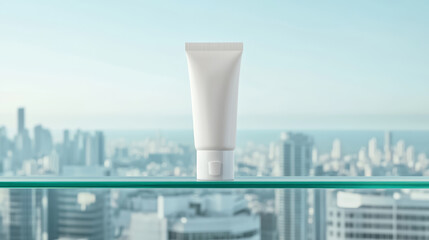 A sleek white cosmetic tube stands prominently on glass shelf, overlooking vibrant city skyline. modern urban backdrop adds touch of sophistication to product display