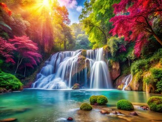 Serene waterfalls in watercolor evoke nature's beauty, showcasing tranquil landscapes filled with vibrant hues that celebrate the peaceful essence of flowing water and lush surroundings.