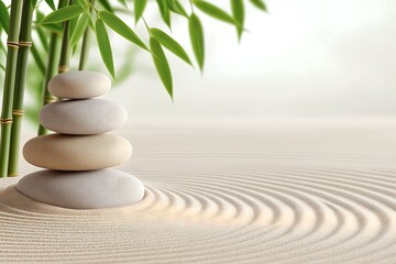 Obraz premium A Calming Zen Garden With Neatly Raked Sand Patterns, Smooth Stones, and a Backdrop of Bamboo Plants, High Resolution Wallpaper or Background