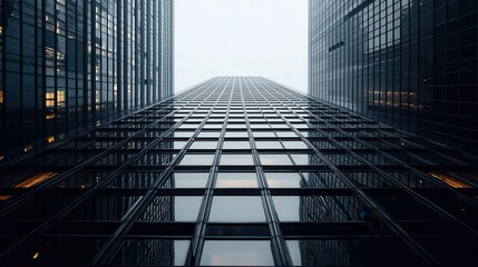 Corporate skyscraper with towering entrance doors, casting reflections in the glass, corporate and financial district