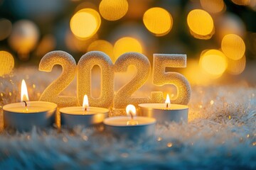new year 2025, merry christmas, numbers 2025 with burning candles