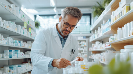 A pharmacist in white coat carefully examines medication in modern pharmacy, surrounded by shelves filled with various pharmaceutical products. atmosphere is professional and focused